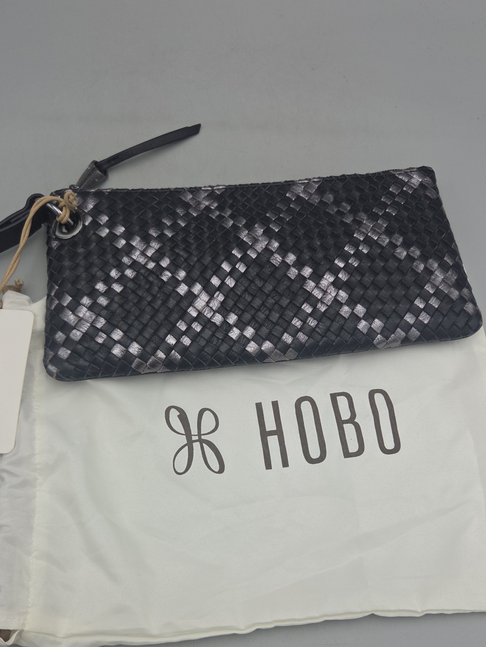 HOBO Vida Wristlet Black Metallic Woven Genuine Leather New NWT